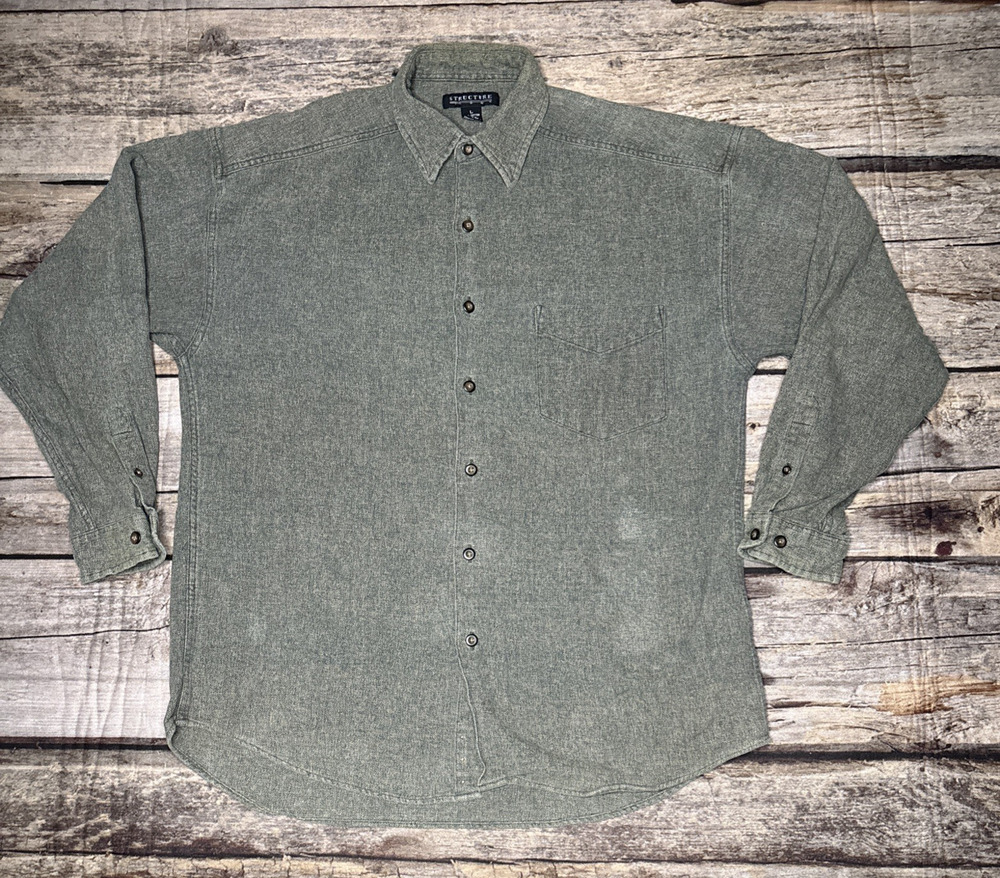 Vintage Structure Shirt Mens Large Muted Army Green Plaid Flannel Button Down
